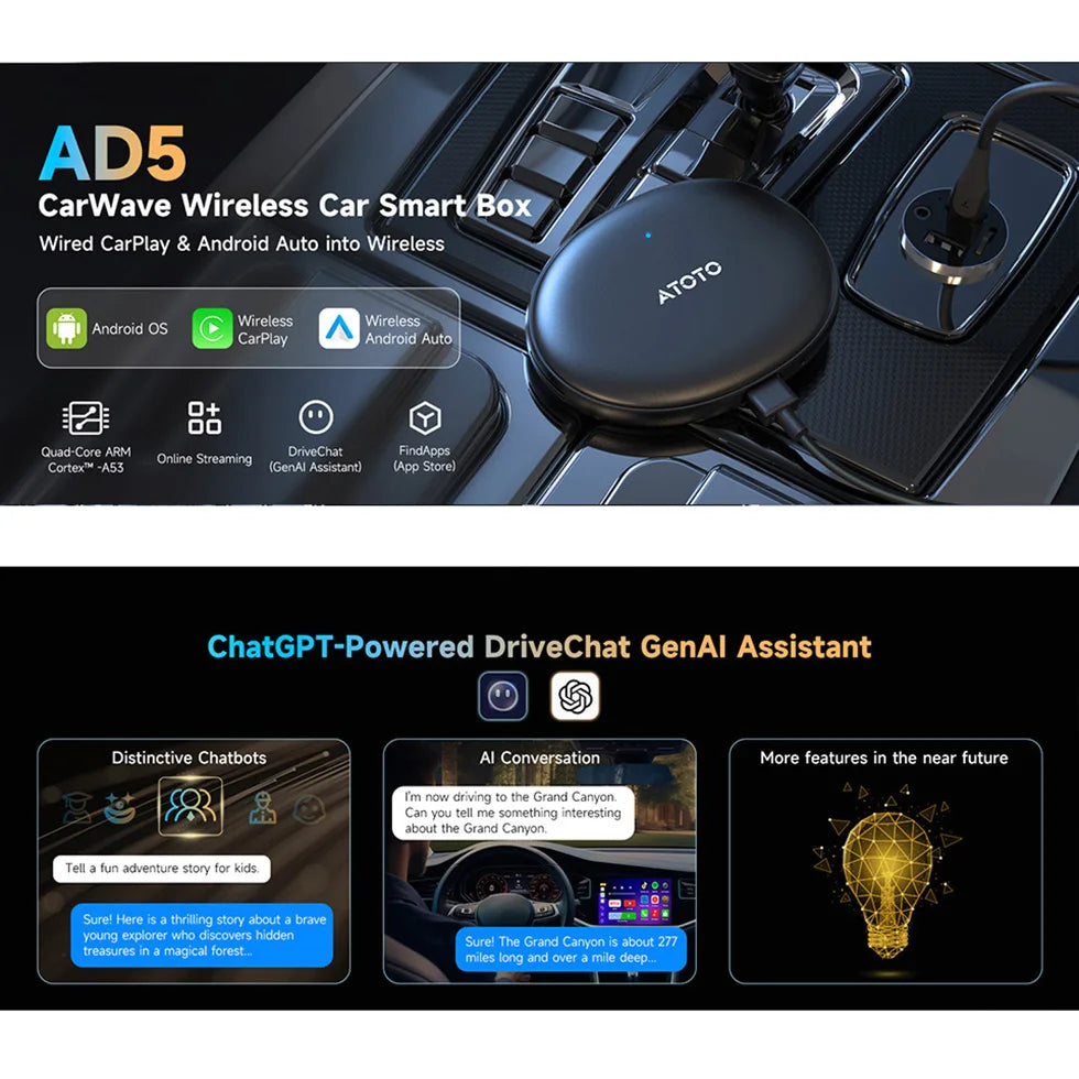 ATOTO Smart Car Android Auto Wireless Carplay Adapter Automotive AI TV Video Box Car Ring Kit Bluetooth Radio Stereo Play AD5