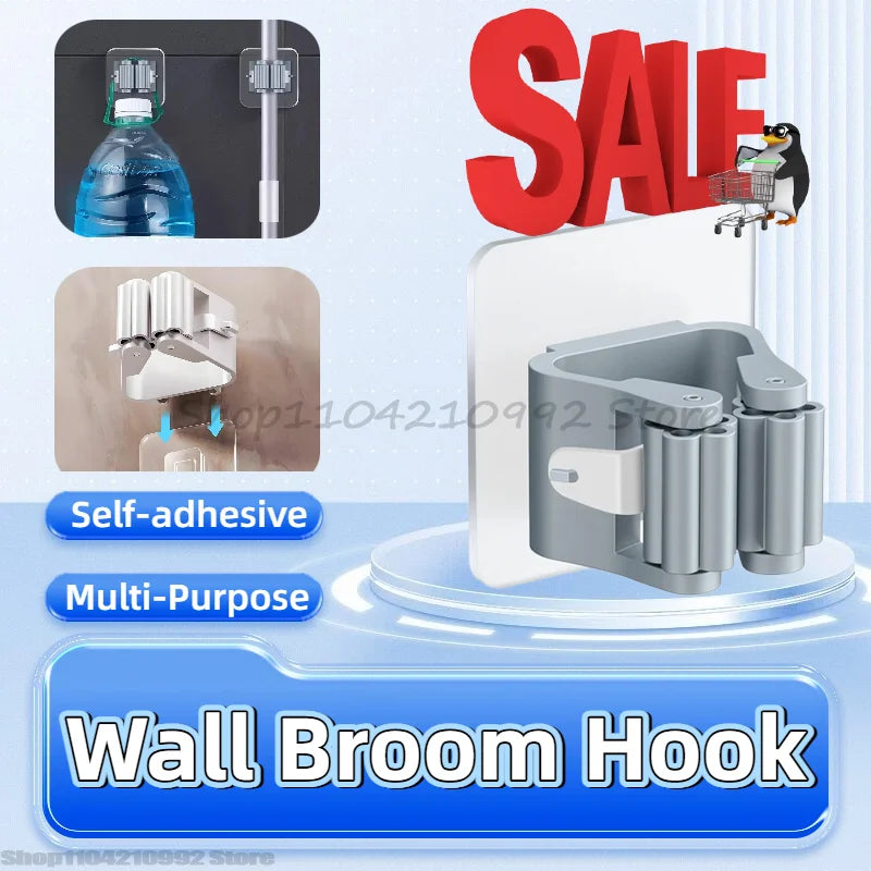 Household Bathroom Non Perforated Mop Holder, Broom Holder, and Card Holder Self-adhesive Mop Holder Kitchen Accessories