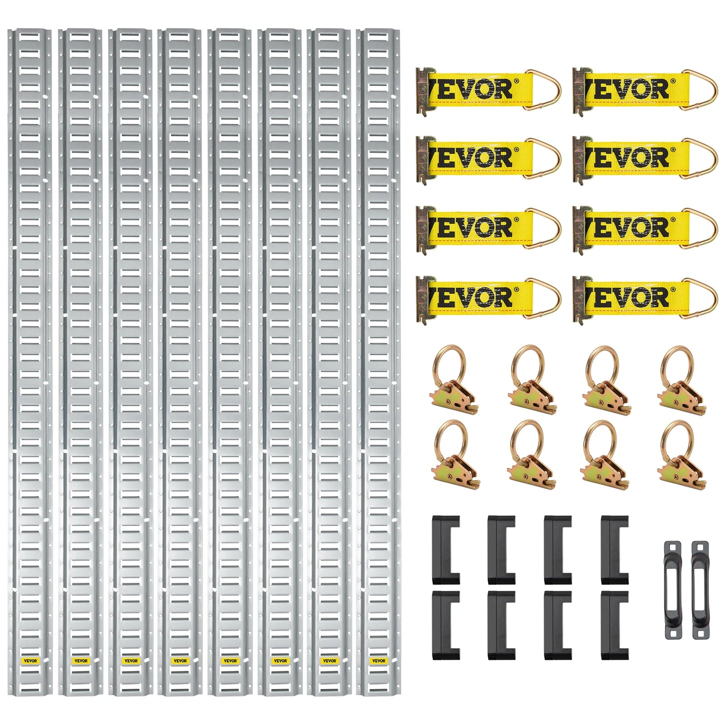 SucceBuy Universal E-Track Tie-Down Rail Kit 8 Steel Rails 2 Single Slots 8 O-Rings 8 Tie-Offs Trailer Car Securing Accessories