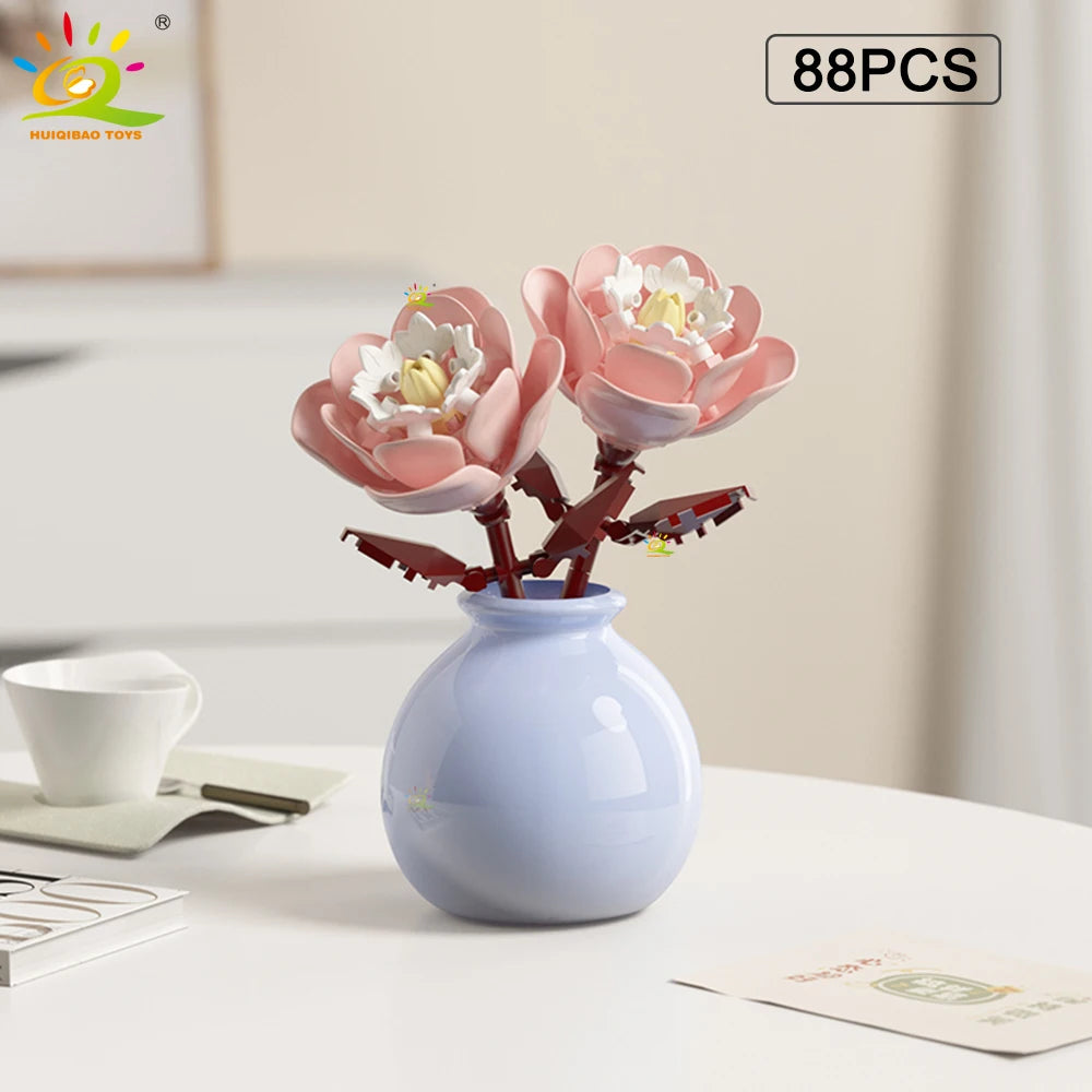 HUIQIBAO MOC Flower with Vase Model Building Block DIY Eternal Bouquet Home Desk Desk Plant Decor Brick Girl Gift Children Toy