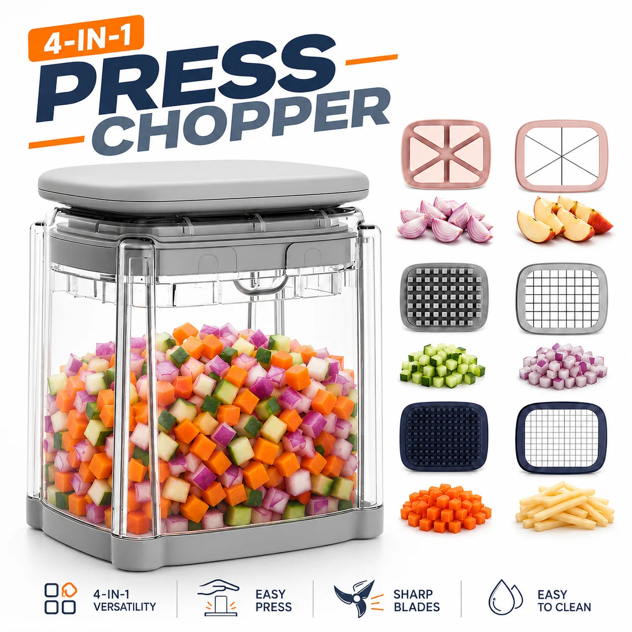 Multifunctional Vegetable Chopper Potato Chipper With 4 Blades Press Down Onion Cutter For Fast Salad Cooking Preparation