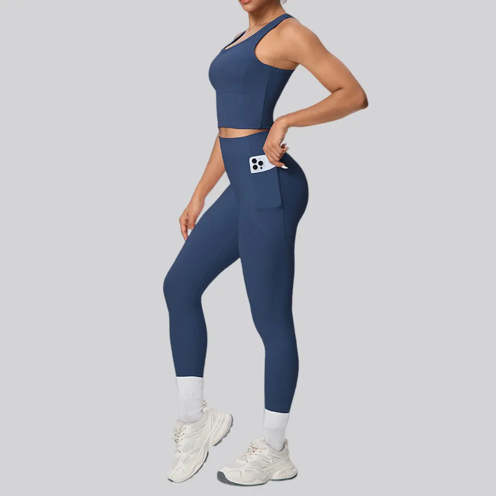 2PCS Yoga Suit Sports Set Women's Push Up Tracksuits Fitness Sports Bra Running Leggings With Pockets Workout Clothes Sportswear