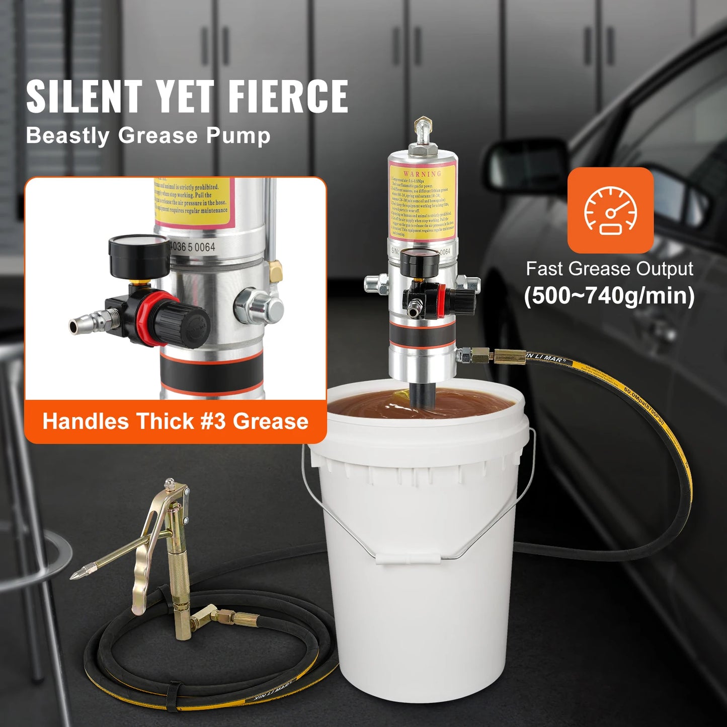 SucceBuy Pneumatic Grease Pump Air Operated with 13ft High Hose 360° Swivel Grease Gun Head Lubrication 50:1 Pressure Ratio