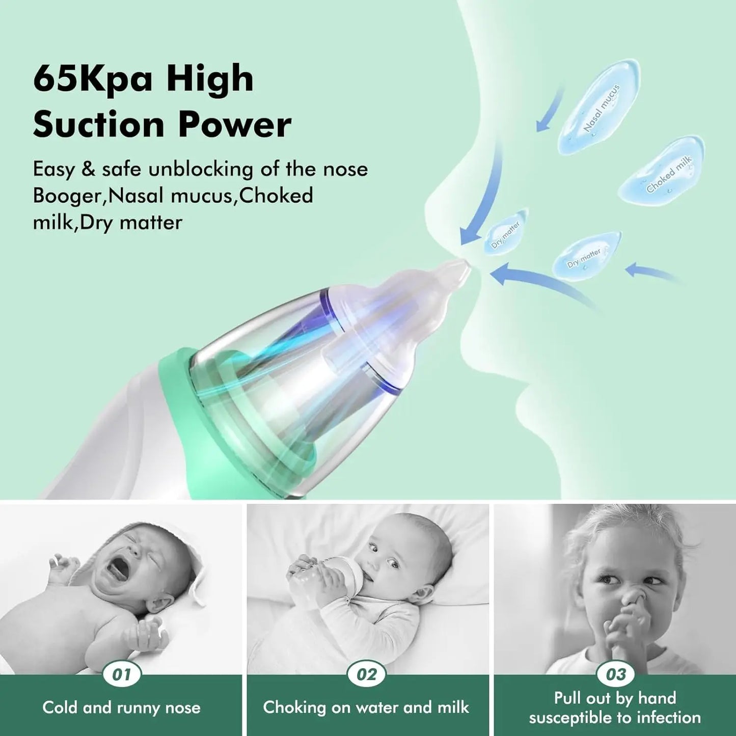 Electric Nasal Aspirator for Baby,Automatic Nose Cleaner with 3 Silicone Tips,Adjustable Suction Level,Anti-Backflow Nose Cleane