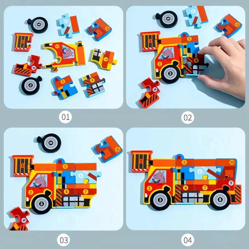 Children Montessori Wooden Puzzle Baby 3D Engineering Vehicle Jigsaw Early Education Matching Cognitive Puzzles Toys for Kids