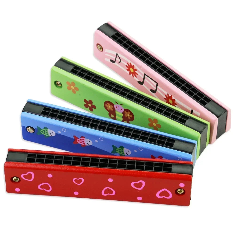 Children's wooden painted harmonica Montessori puzzle toy cartoon pattern children's musical instrument enlightenment music toy
