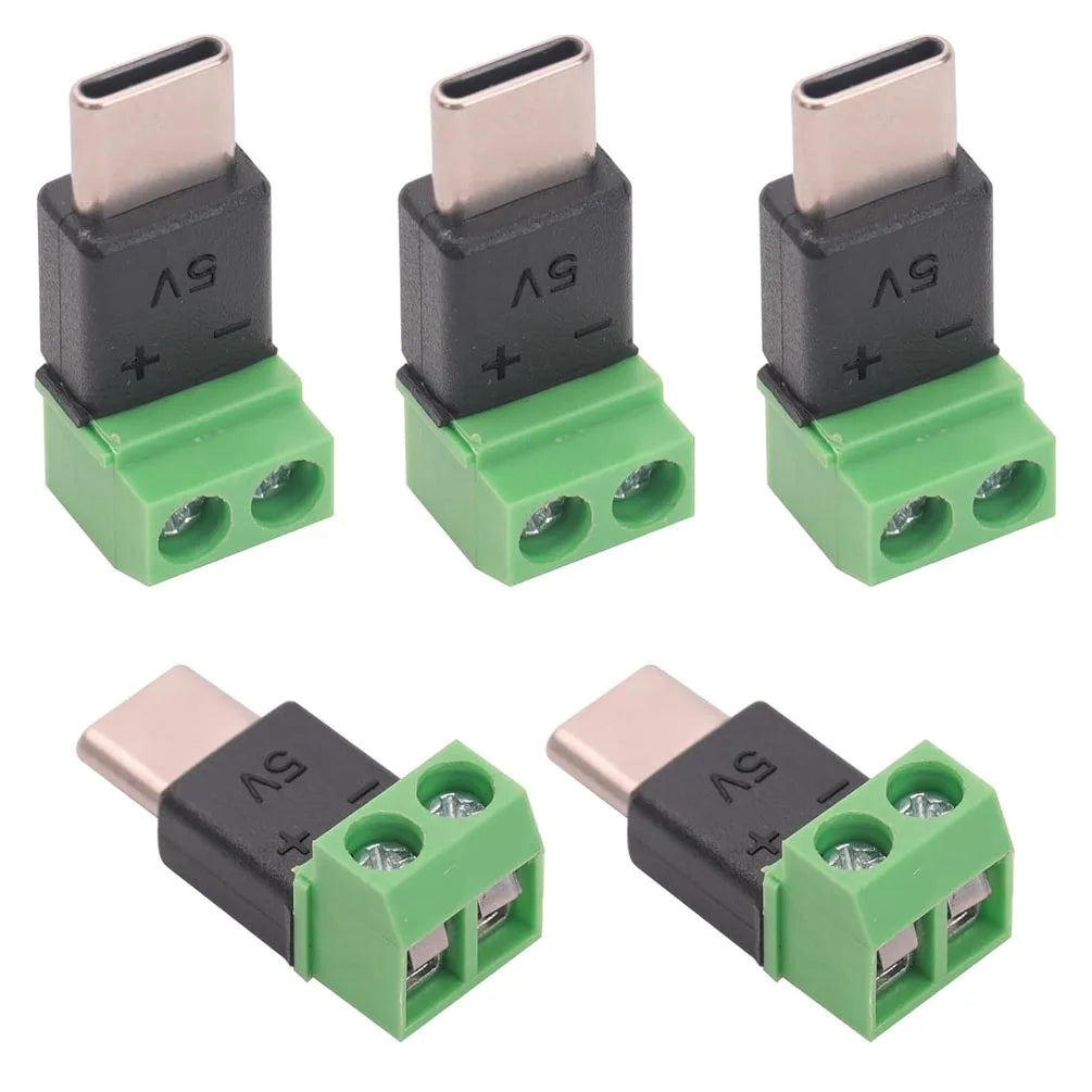 5PCS TypeC to 2 Pin Adapter No Solder Quick Connect Green Terminal for Charging Cable Phone Power Bank DIY Electronics Connector