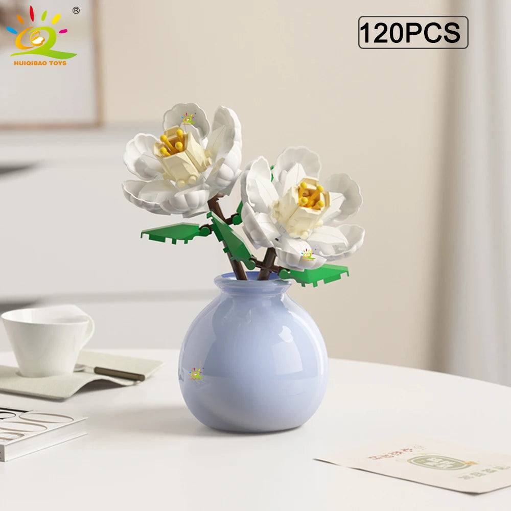 HUIQIBAO MOC Flower with Vase Model Building Block DIY Eternal Bouquet Home Desk Desk Plant Decor Brick Girl Gift Children Toy
