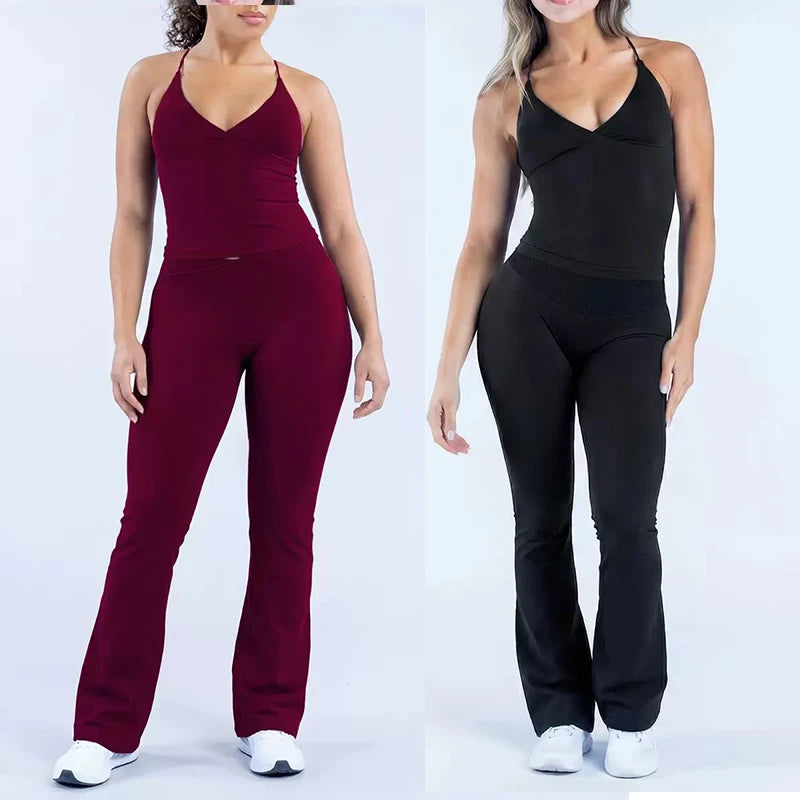 Women V Neck Yoga Tank Top 3DF-Cross Waist Flare Leggings Seamless Gym Workout Fitness Activewear Sports Set 2PCS