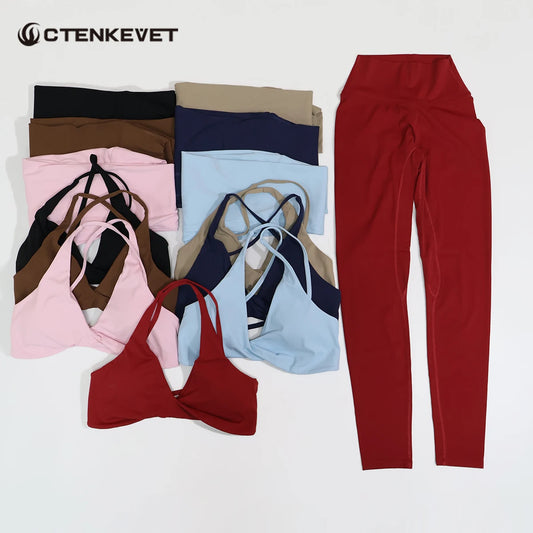 Ctenkevet Summer 2Pcs Women's Quick-Dry Sports Set V-Shaped Bra Sleeveless Yoga Outfit Gym Two-Piece Sportswear for Female