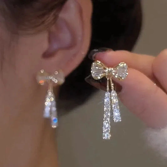 Korean jewelry niche design full diamond bow tie tassel earrings elegant flash diamond temperament earrings rings
