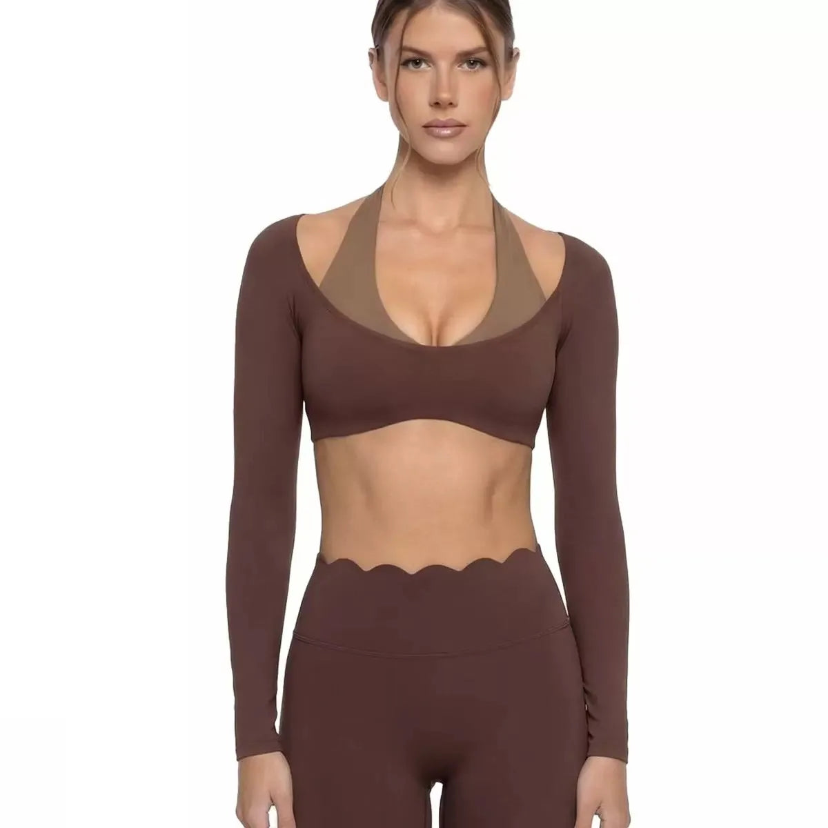Women's Fake Two-Piece Sports Long Sleeve Halter Neck Pilates Yoga Shirt Slim Fit Fitness Sports Top Leggings Workout Tights