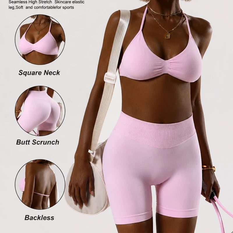 2PCS Gym Set Women Strappy Yoga Bra Top High Waist Workout Scrunch Shorts Sports Suit Seamless Yoga Set Fitness