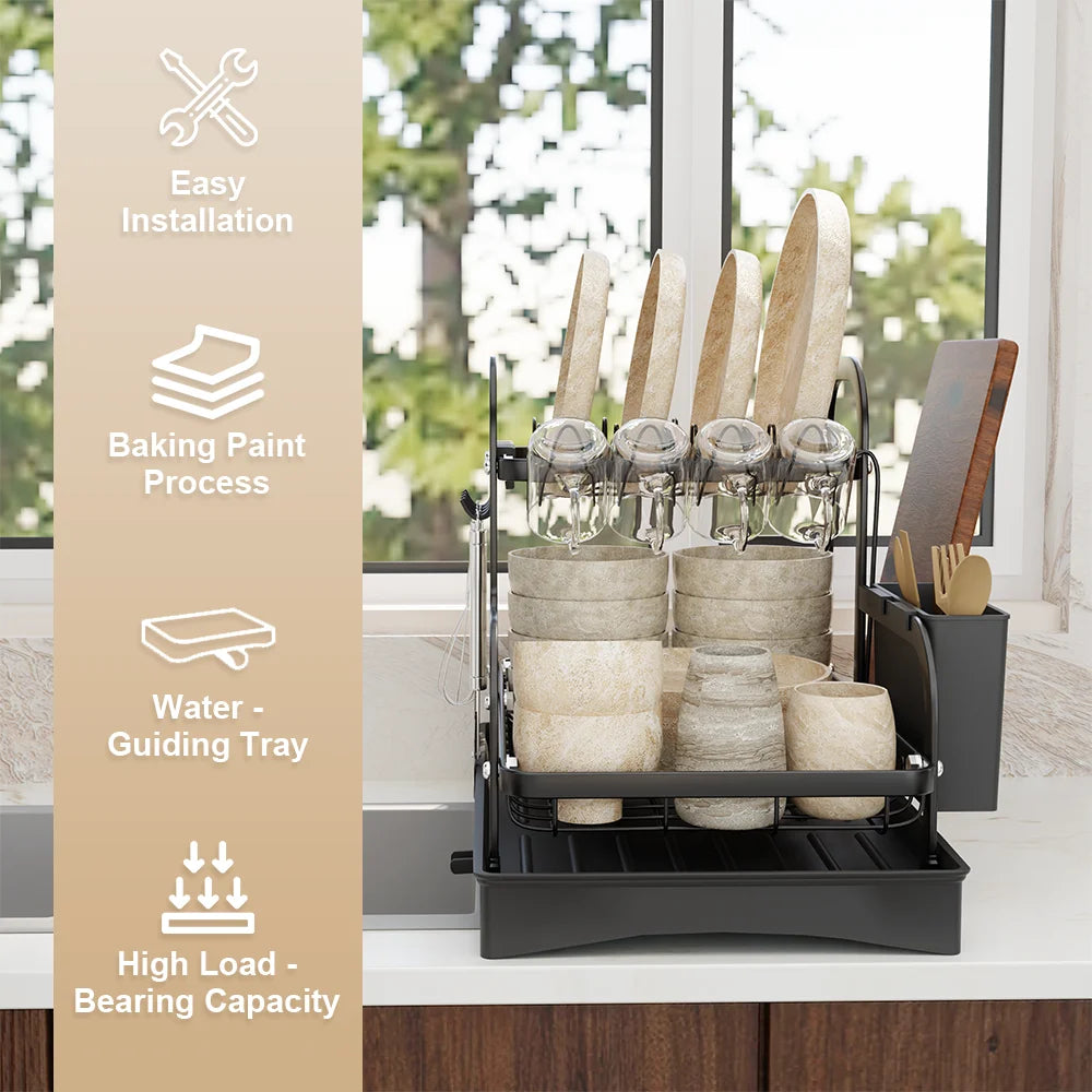 2 Tier Dish Drainer Drying Rack with Cup Holder Cutlery Tray Kitchen Organiser