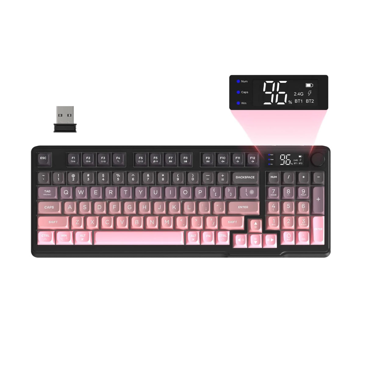 Freewolf M96 Wireless Gaming Keyboard, Knob Control BT/2.4g, RGB LED Backlight Display, Pbt Keycap, 3000mah Battery, Us Layout