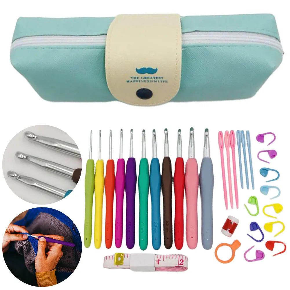 11PCS Colorful Rubber Handle Knitting Needles Kit With Sewing Clips Plastic Needles Staniless Steel Scissors Crochet Hooks Set