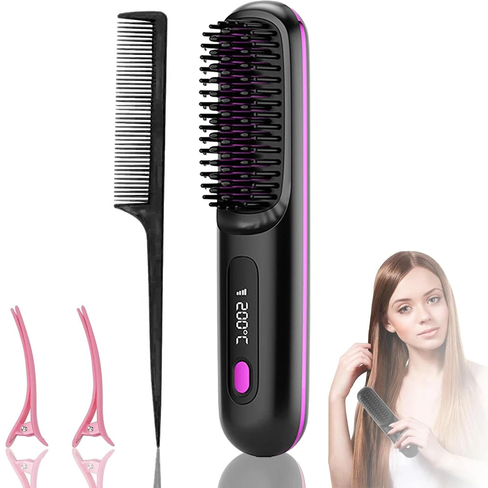 Hair Straightener Brush with LCD Display Cordless USB Charging Straightener Portable Mini Straightening Brush for Home Travel