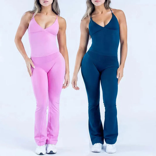 Women V Neck Yoga Tank Top 3DF-Cross Waist Flare Leggings Seamless Gym Workout Fitness Activewear Sports Set 2PCS