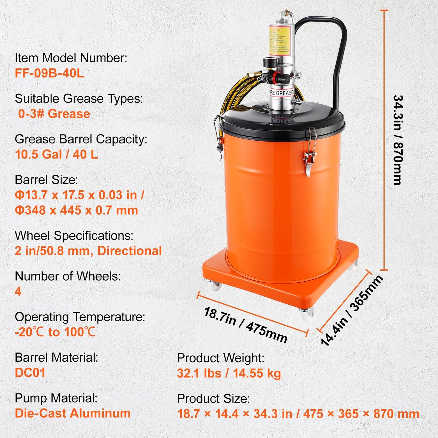 SucceBuy 3/5/10 Gallon Grease Pump Air Operated with Hose Pneumatic Grease Bucket Gun and Wheels to Cars 50:1 Pressure Ratio