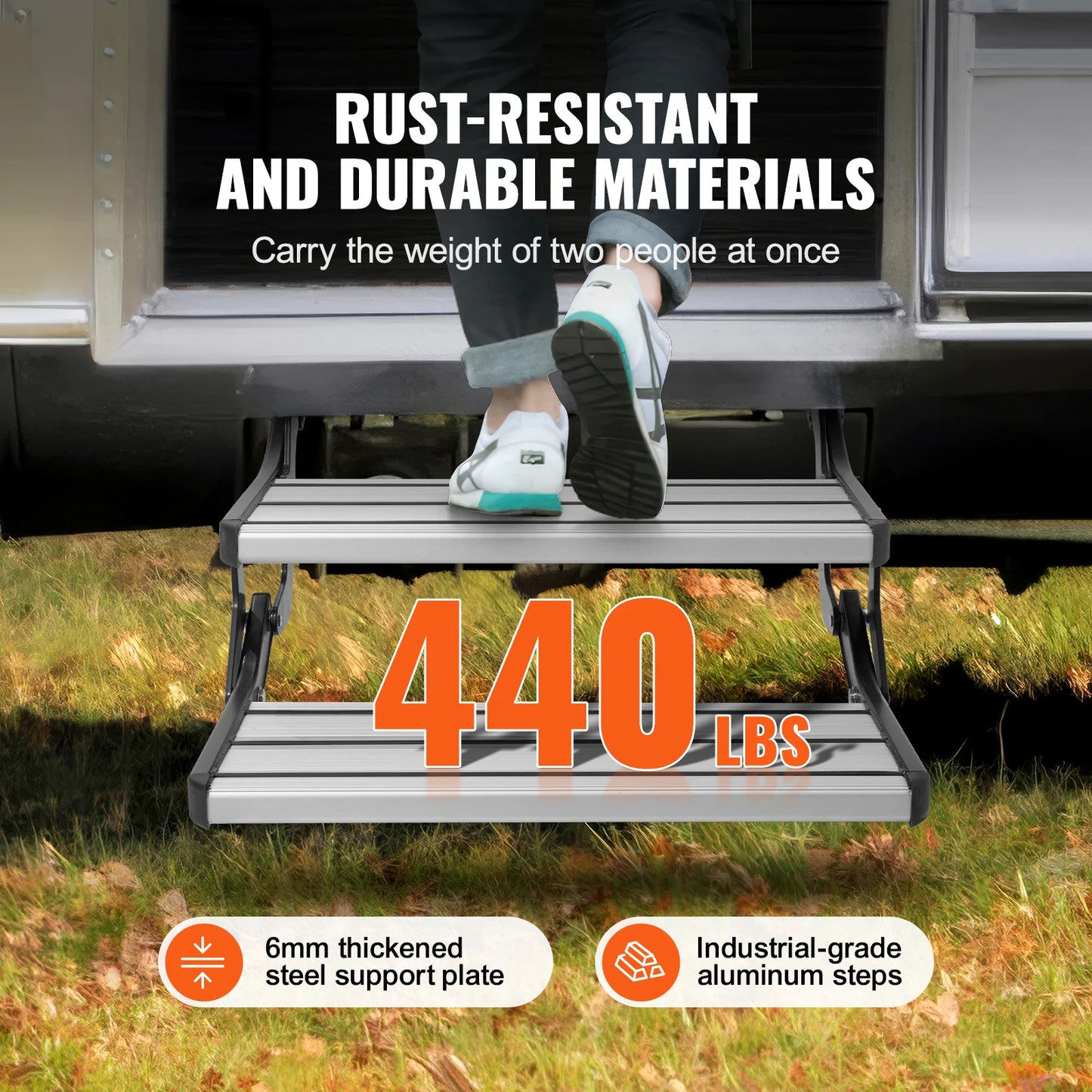 SucceBuy RV Steps 2-Step Manual Retractable RV Stairs Foldable 440LBS Load Capacity Aluminum Alloy Steps Thickened Steel Plate