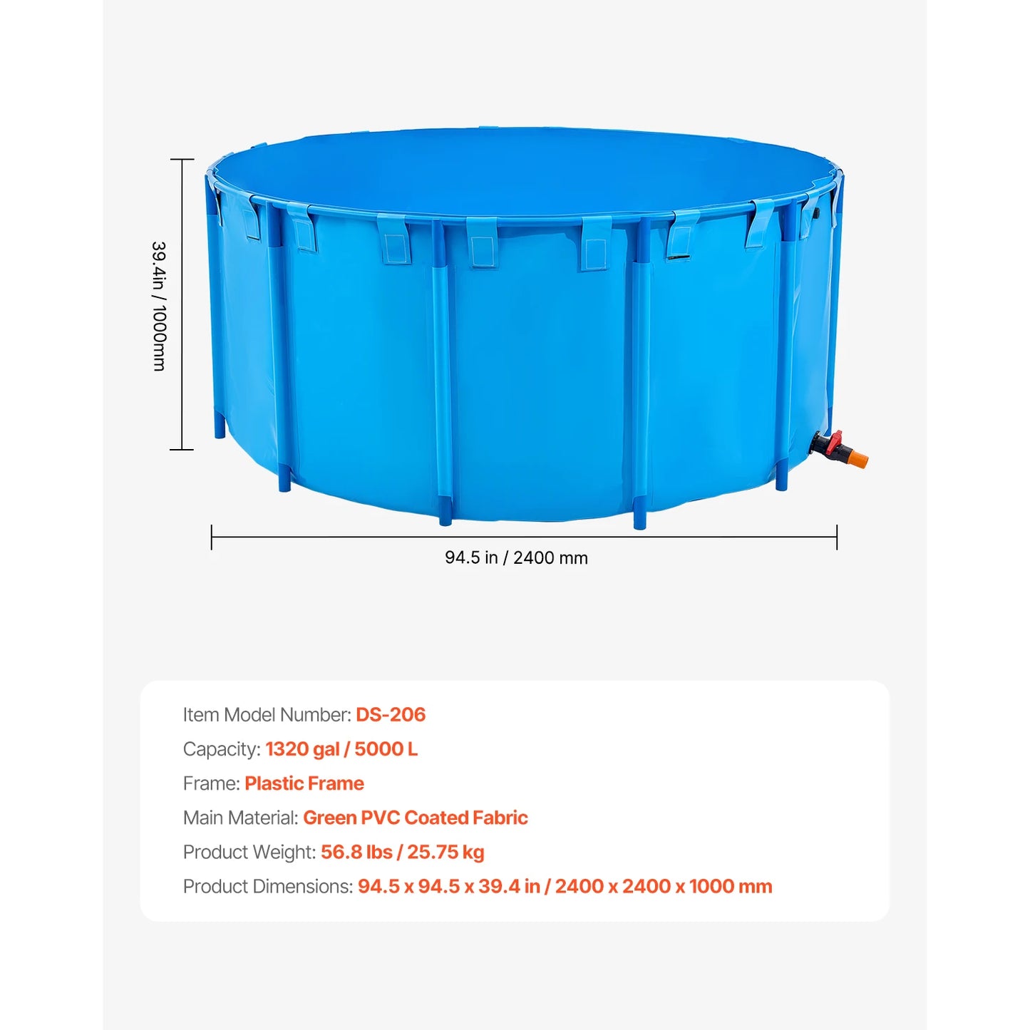 SucceBuy Canvas Fish Pond 448.8Gal Above Ground Fish Pond, Foldable PVC Koi Tank with Frame and Drain Valve for Aquaculture Blue