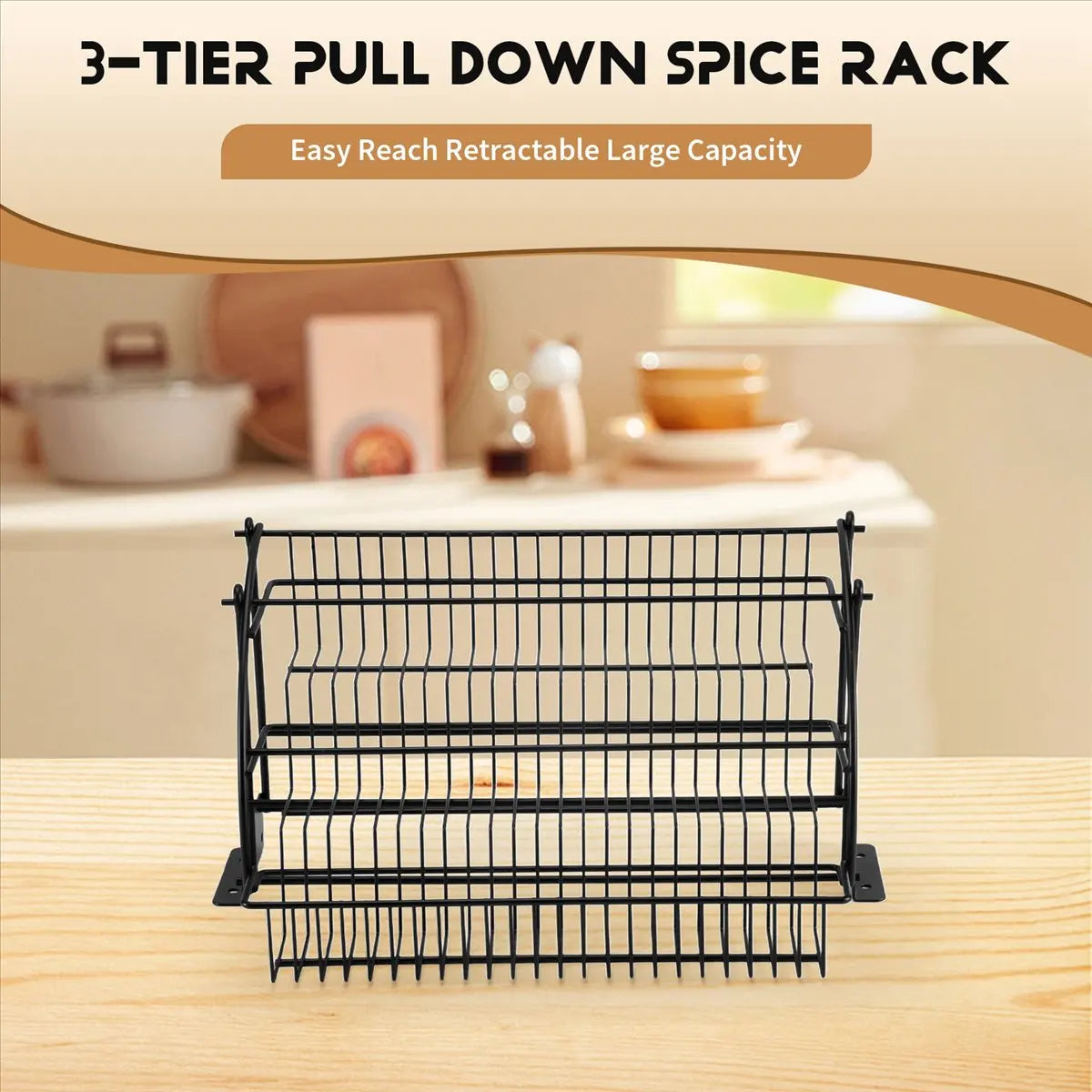 Metal 3-Tier Pull Down Spice Rack - Easy Reach Retractable Large Capacity Kitchen Storage Shelf Organizer for Cabinet A