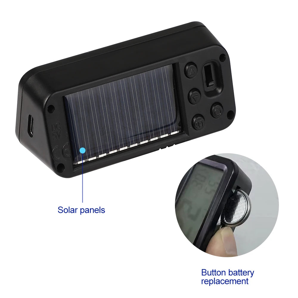 Digital Car Clock Solar/USB Powered with Date Week Temperature Humidity LCD Backlit Display Dashboard Automobile Stick-On Clock