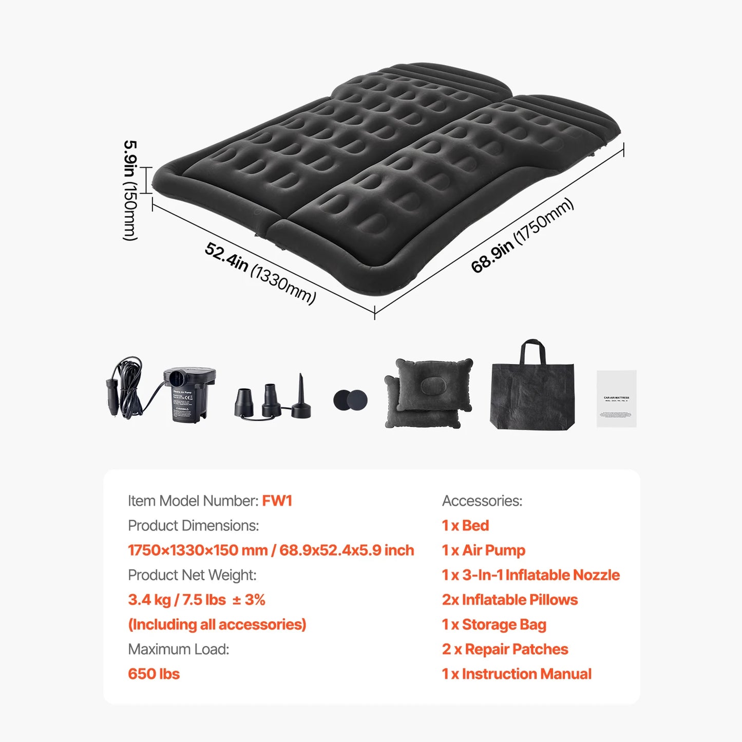 SucceBuy Car Air Mattress, Inflatable Car Camping Mattress, Flocking Thickened Travel Beds with Air Pump Fits Most MPV Sedan SUV