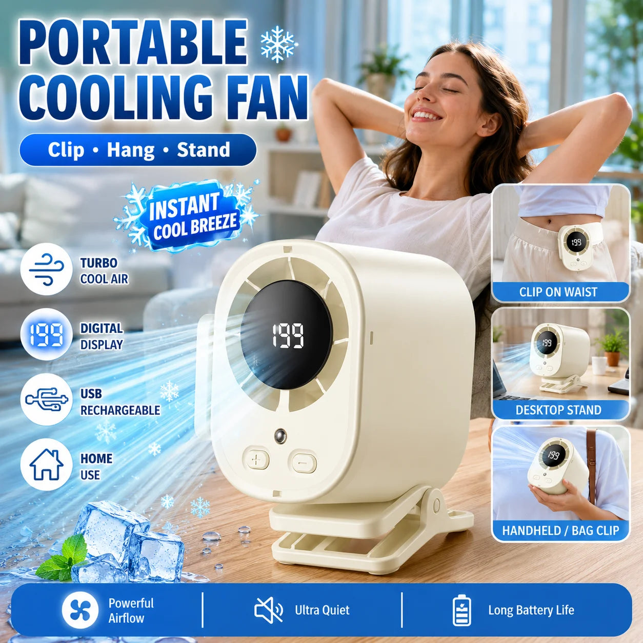 Portable USB Neck Fan Clip On Waist Hanging Mini Air Cooler Outdoor Digital Display Strong Cool Wind Multi Function Battery Fan