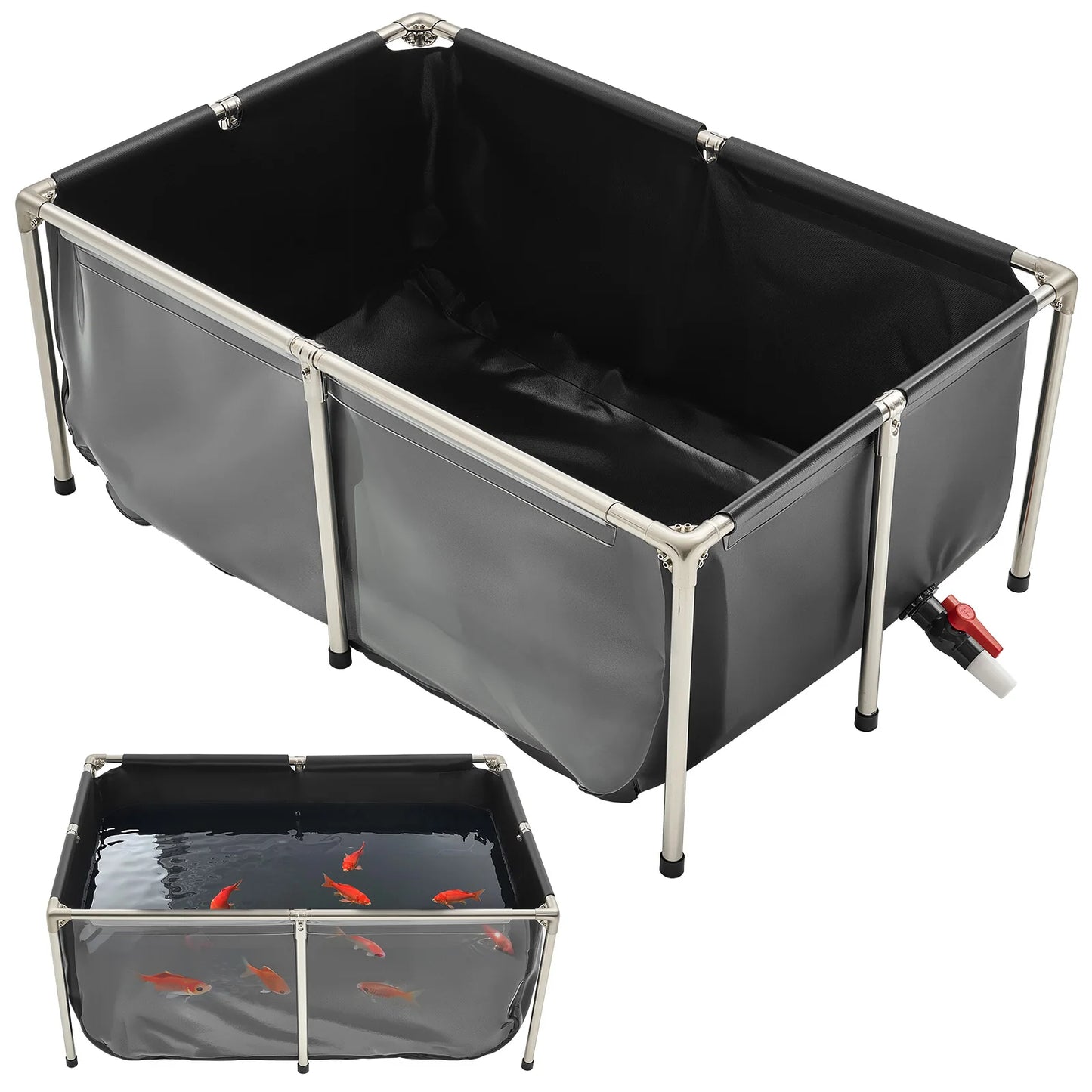 SucceBuy 126.8/270/470 Gal Canvas Fish Pond Rectangular Goldfish Tank with Stainless Steel Frame & Drain Valve for Breeding Koi