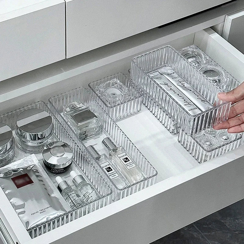 Clear Drawer Organizer Stackable 4 Size Clear Makeup Drawer Organizer Trays Acrylic Bathroom Vanity Storage Bins