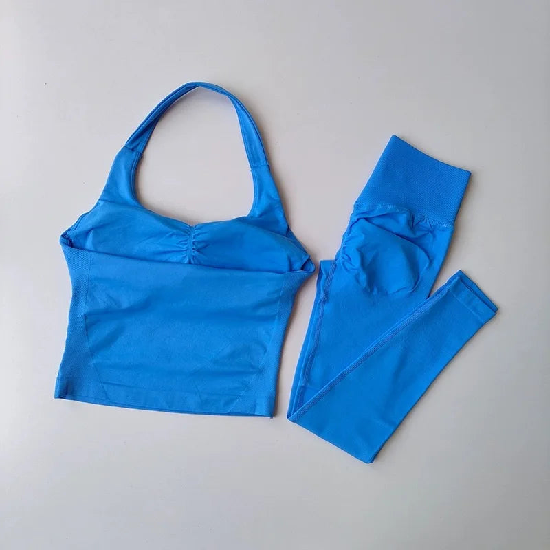 2 Piece Sports Gym Set Strappy Bra Yoga Underwear Short Sport Leggings Bicycle Running Sportswear Woman Seamless Yoga Set