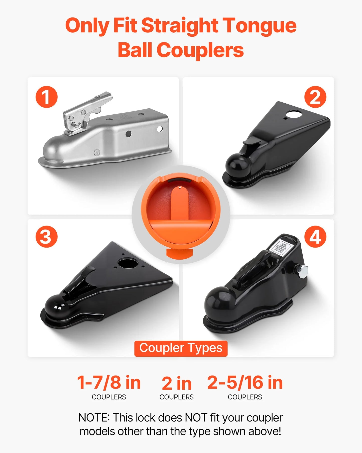 SucceBuy Boat Trailer Lock Fits 1-7/8 & 2 & 2-5/16in Straight Tongue Ball Couplers Hitch Lock with 4 Keys Security Chains for RV