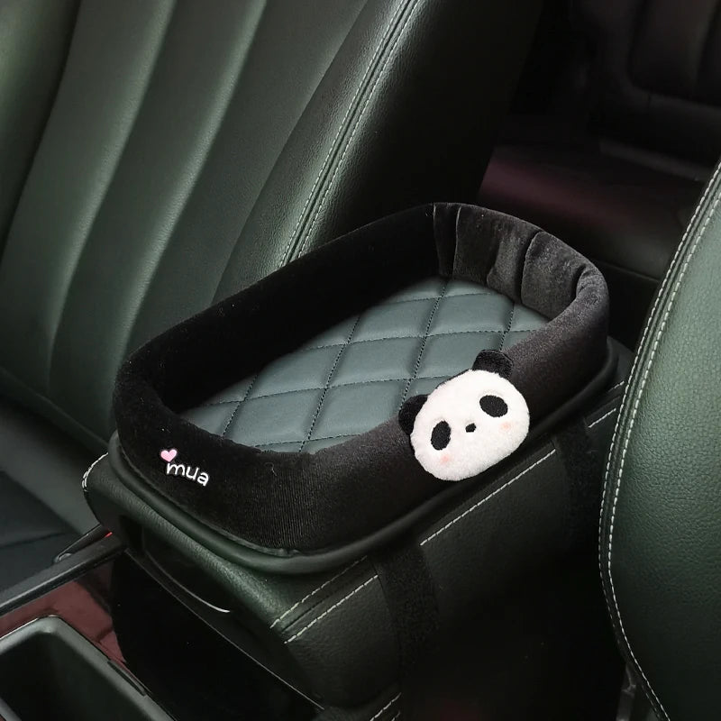 Cute Cartoon Panda Bear Plush Car Armrest Storage Box Auto Center Console Arm Rest Organizer For Phone Keys Coin Basin Holder