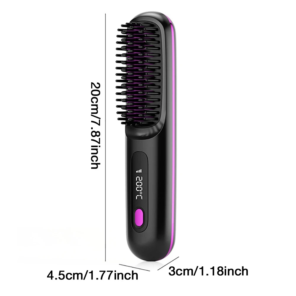 Hair Straightener Brush with LCD Display Cordless USB Charging Straightener Portable Mini Straightening Brush for Home Travel