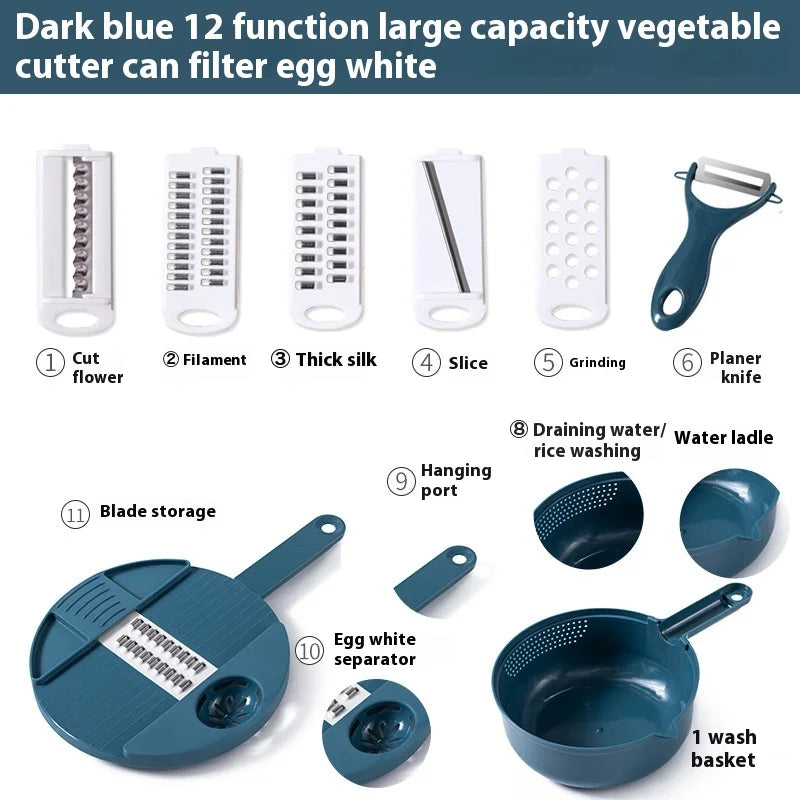 9 in 1 Multi-functional Vegetable Chopper Carrots Potatoes Manually Cut Shred Slicer Radish Grater with Container Kitchen Tools