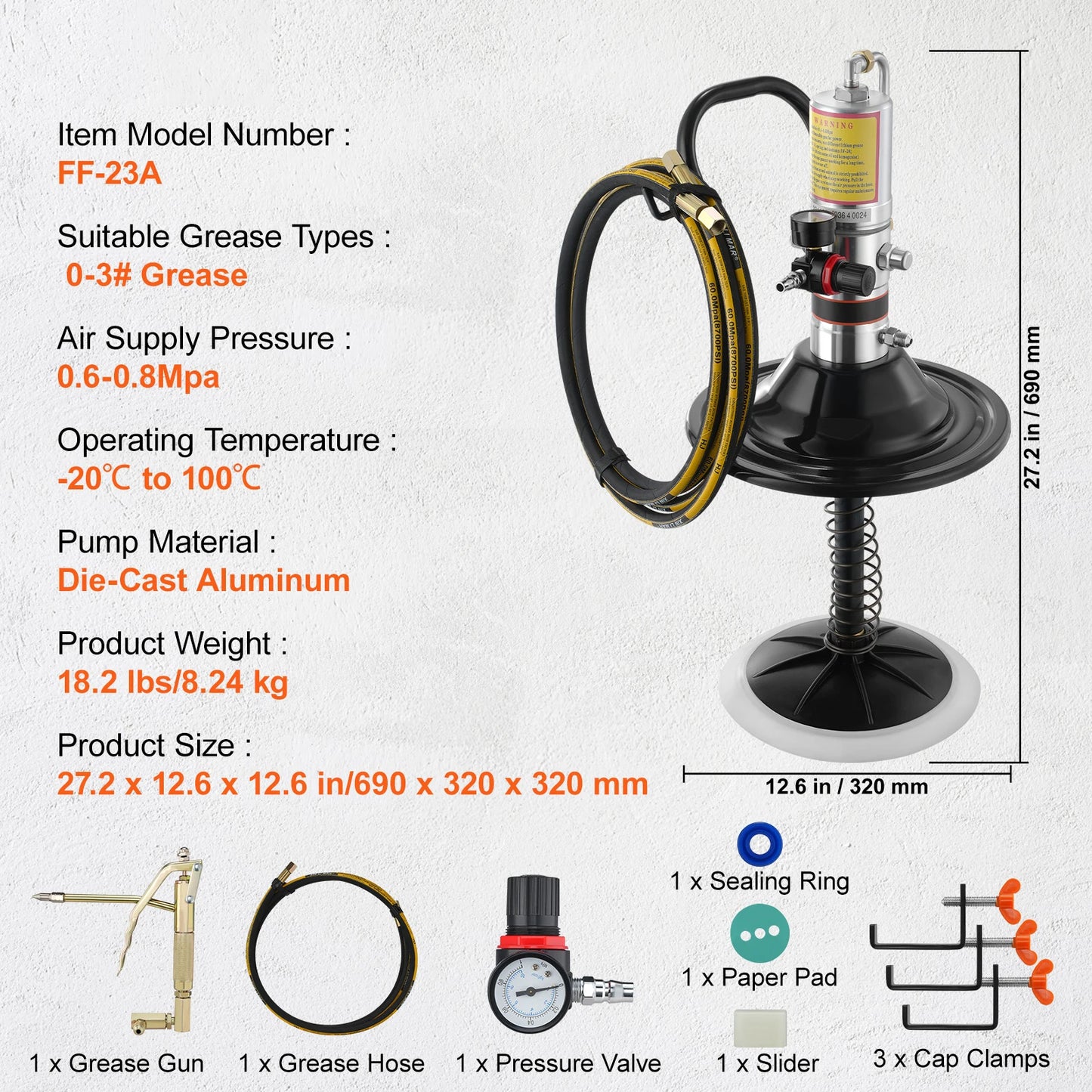 SucceBuy Grease Pump 50:1 Pressure Ratio Air Operated with 13 ft Hose Barrel Cap and Lubrication 360° Grease Gun Head for Cars