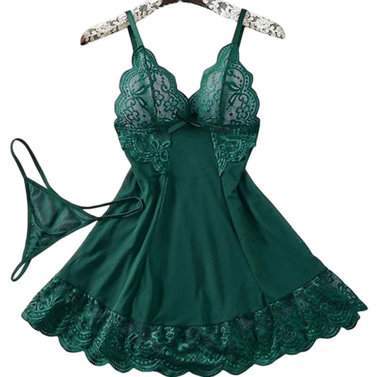 G-string Nightgown Set For Sexy Woman Summer Night Dress Ultra-thin See-through Pajama Sets Lace Sleepwear Suspender Lingerie