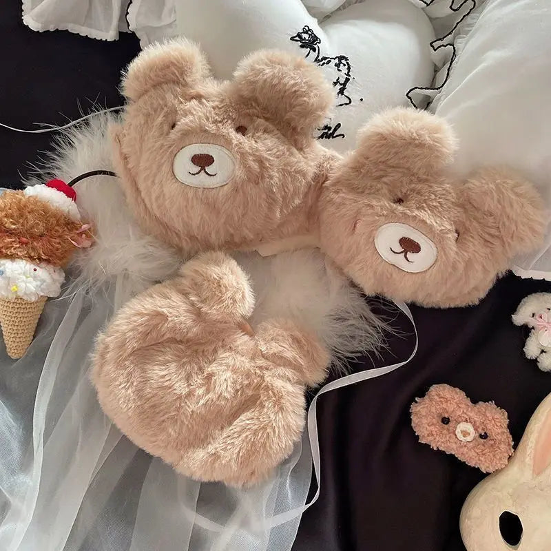Women's Comfortable Winter and Autumn Plush Bear-shaped Bra Set, Cute Cartoon-style Soft and Warm Small-breasted Gathering Bra