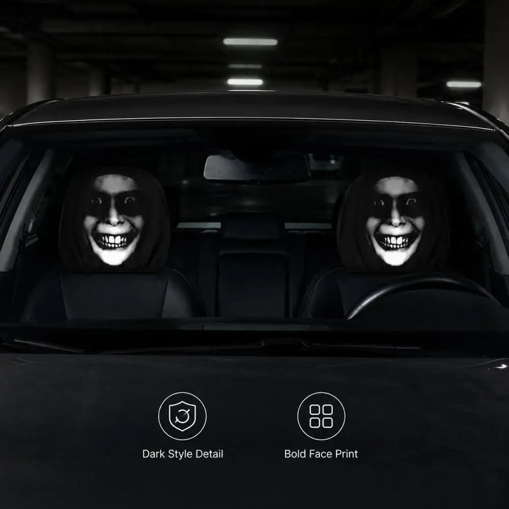 2PCS Scary Smile Face Car Headrest Covers Horror Grinning Print Black Auto Headrest Protector Universal Halloween Decor