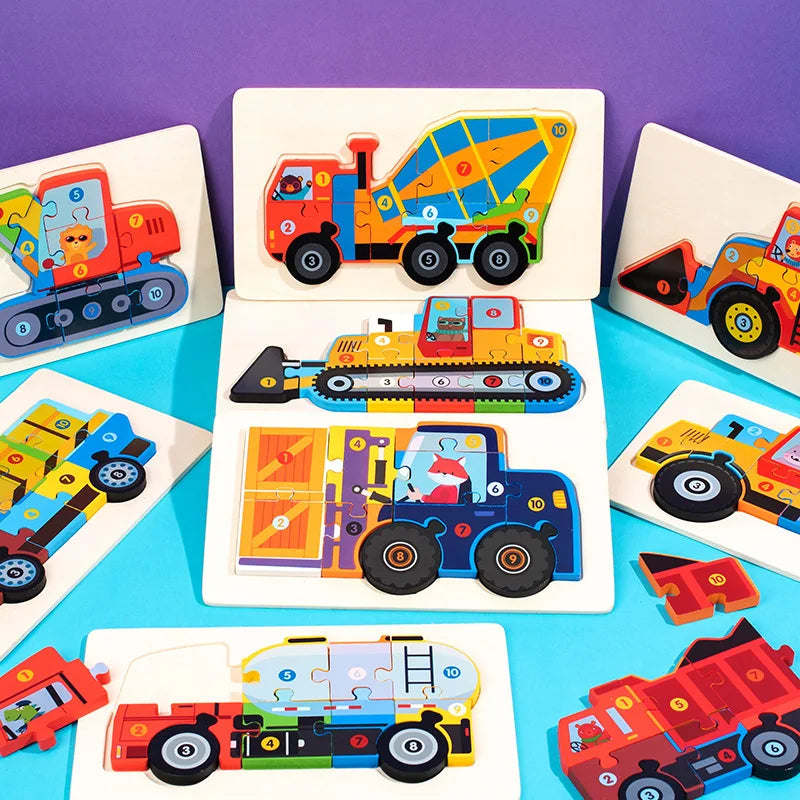 Children Montessori Wooden Puzzle Baby 3D Engineering Vehicle Jigsaw Early Education Matching Cognitive Puzzles Toys for Kids