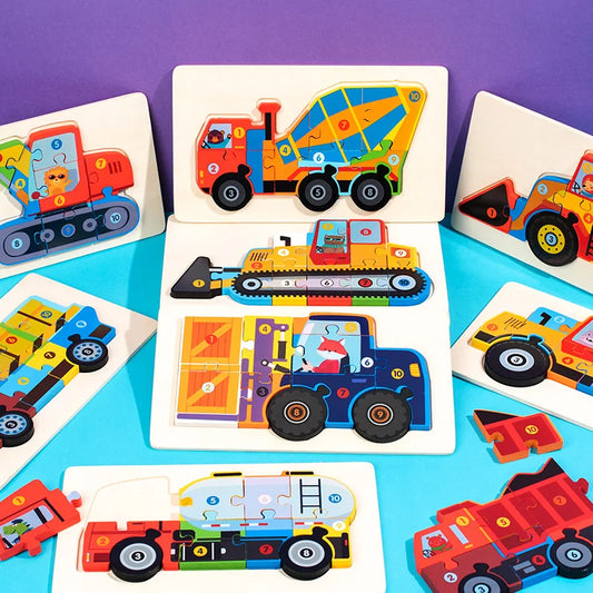 Children Montessori Wooden Puzzle Baby 3D Engineering Vehicle Jigsaw Early Education Matching Cognitive Puzzles Toys for Kids