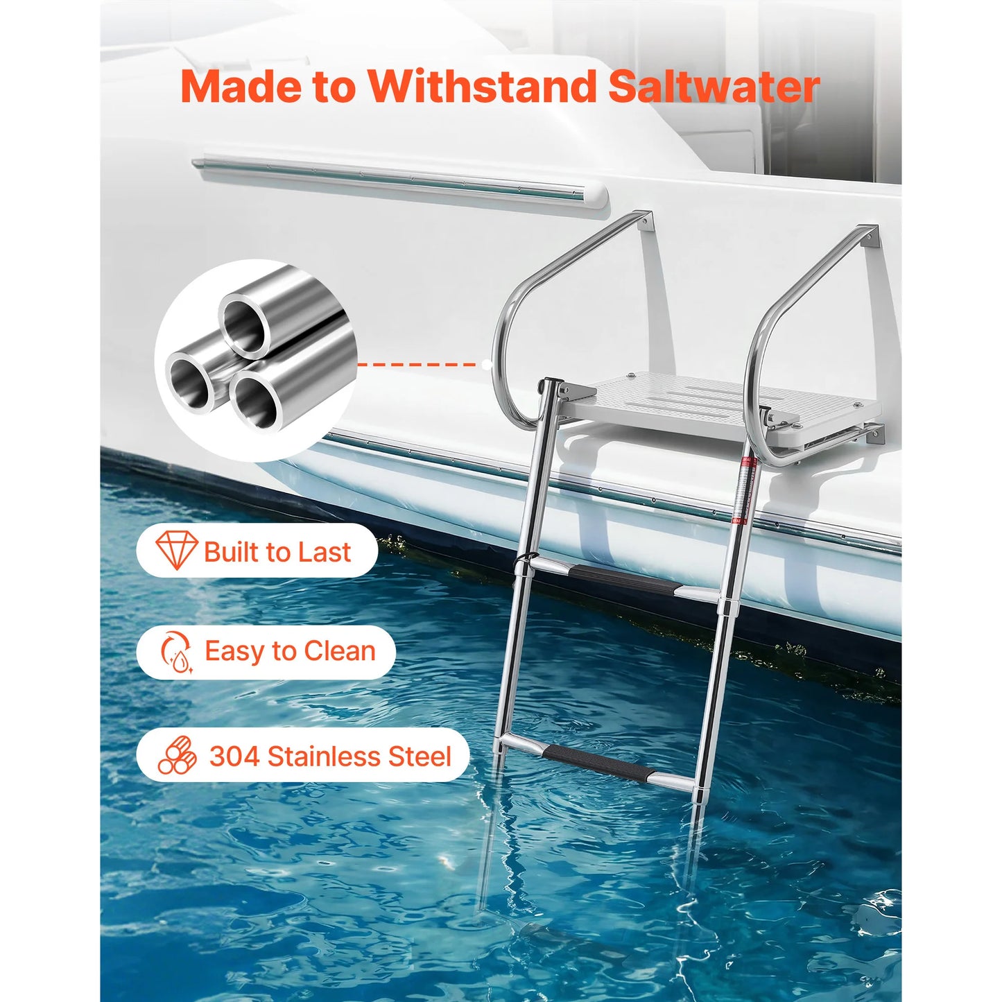 SucceBuy 3 Steps Boat Ladder Stainless Steel 400 lbs Telescoping Folding Swim Deck Ladder with Handrails for Outboards Yacht