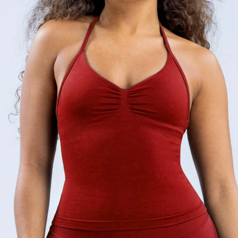 Cavendi 2 Pieces impact gym Halter top seamless shorts Women Yoga outfits Sportswear Sports Suits Fitness Top Gym set