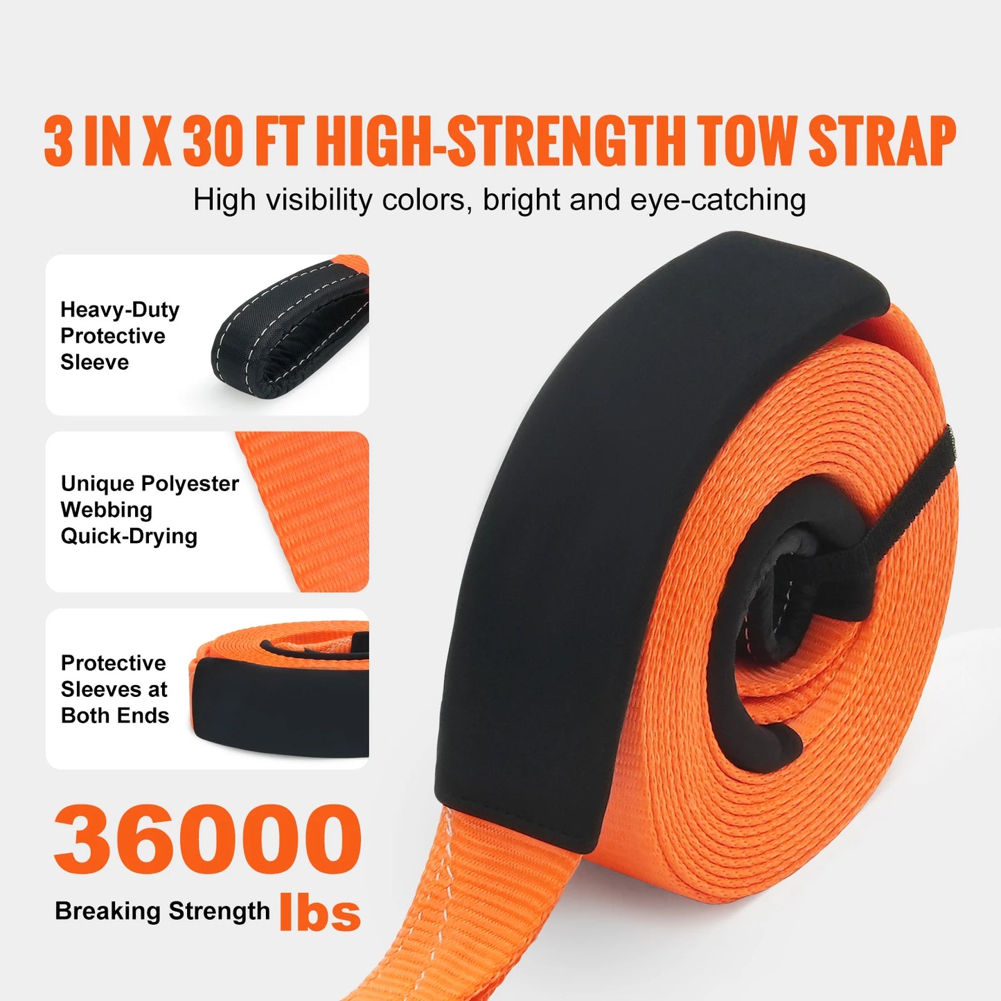 SucceBuy 30ft Car Tow Cable Trailer Towing Pull Rope 3in Winch Line Extension Strap for Van Road Recovery Car Accessories