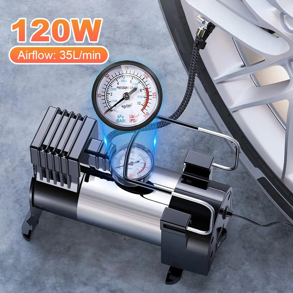 12V Car Tire Pump with Pressure Gauge Car Electric Air Pump Auto Inflatable Pump Heavy Duty Deluxe Portable Metal Air Compressor
