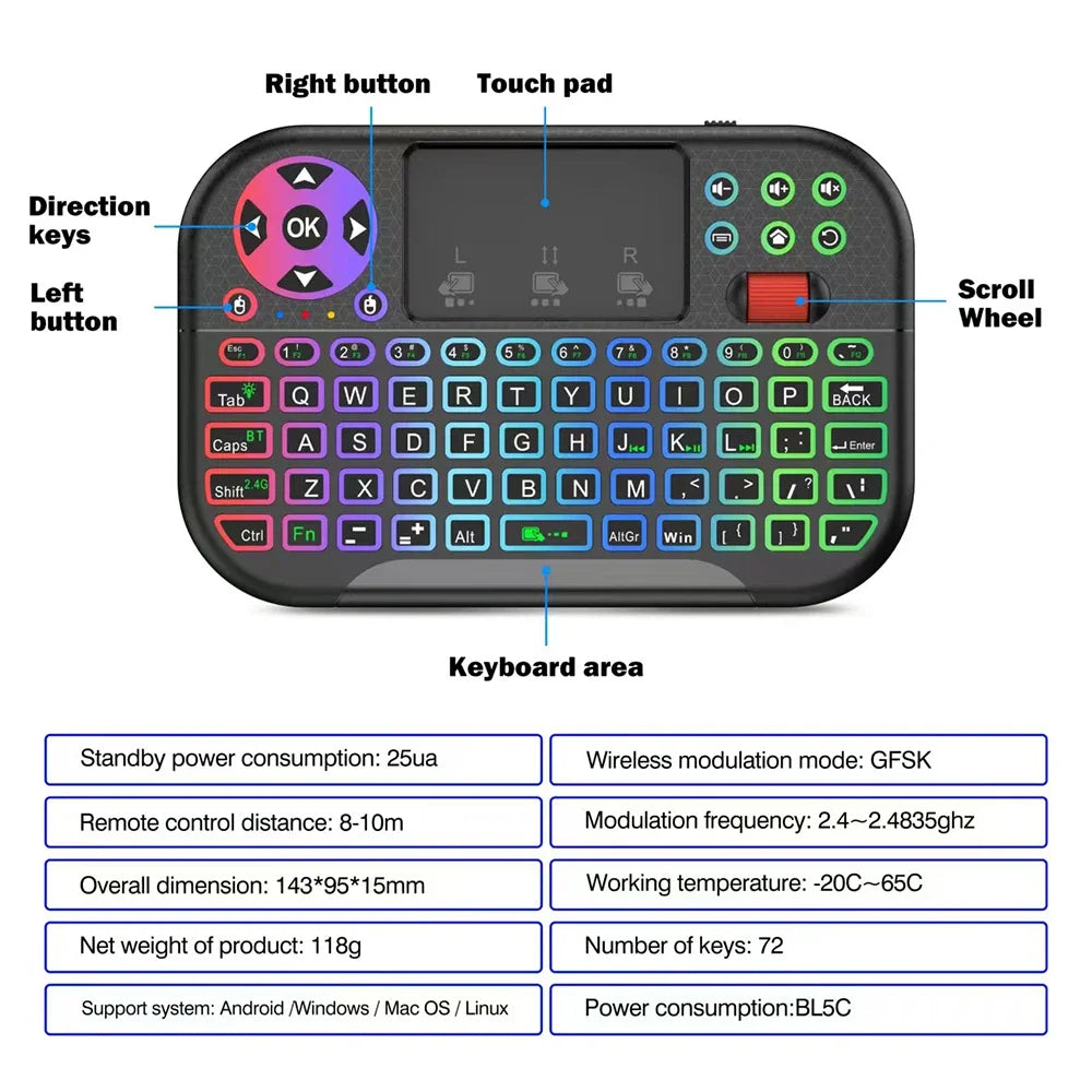 KEBIDUMEI Mini Wireless Keyboard with Scroll Wheel Touchpad  8 Color Backlit BT 2.4G Dual Mode Air Mouse Remote for PC TV Box