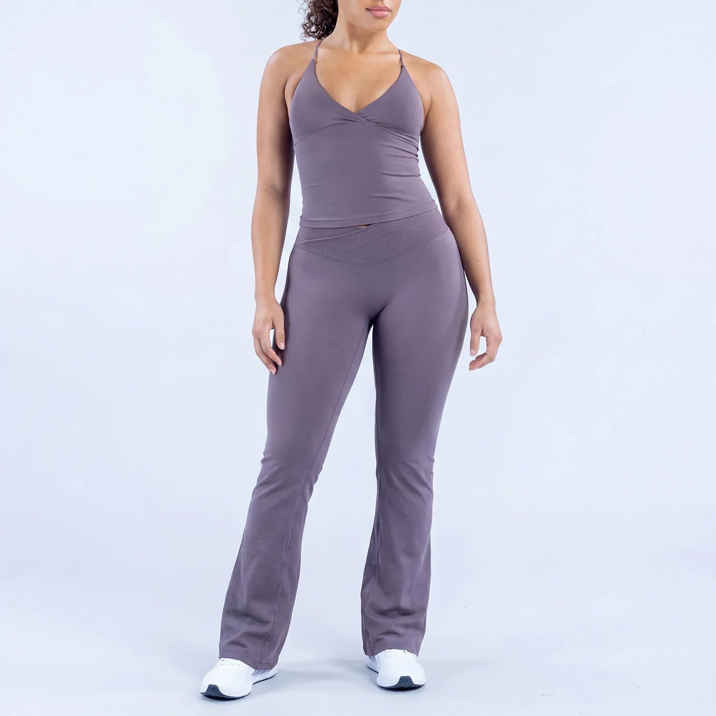 Women V Neck Yoga Tank Top 3DF-Cross Waist Flare Leggings Seamless Gym Workout Fitness Activewear Sports Set 2PCS