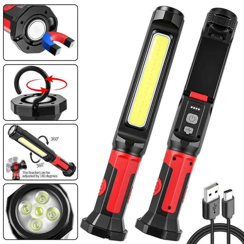 Rechargeable COB Work Lamp Bar with Hooks Rotating Magnetic Base 3 Modes Worklight For Car Repairing Emergency Outdoor Lighting