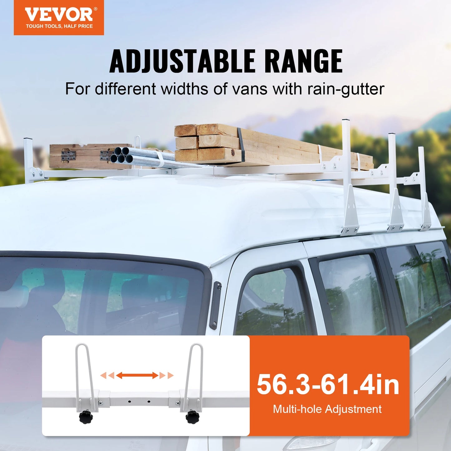 SucceBuy Van Ladder Rack Adjustable Rain Gutter Van Roof Racks Alloy Steel Roof Rack with 750 lb Capacity Fit for Full-Size Vans
